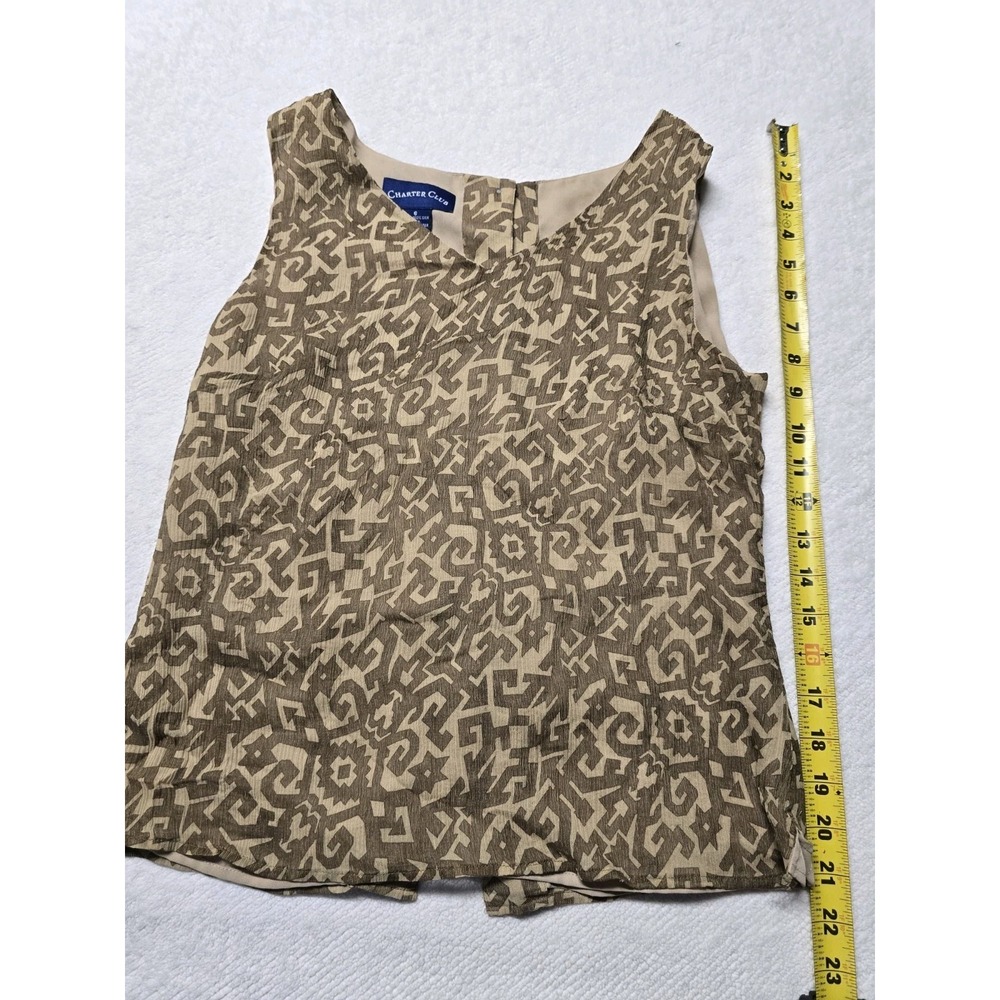 Charter Club Silk Tank Top Women Size 6 Brown Geometric Sleeveless Blouse